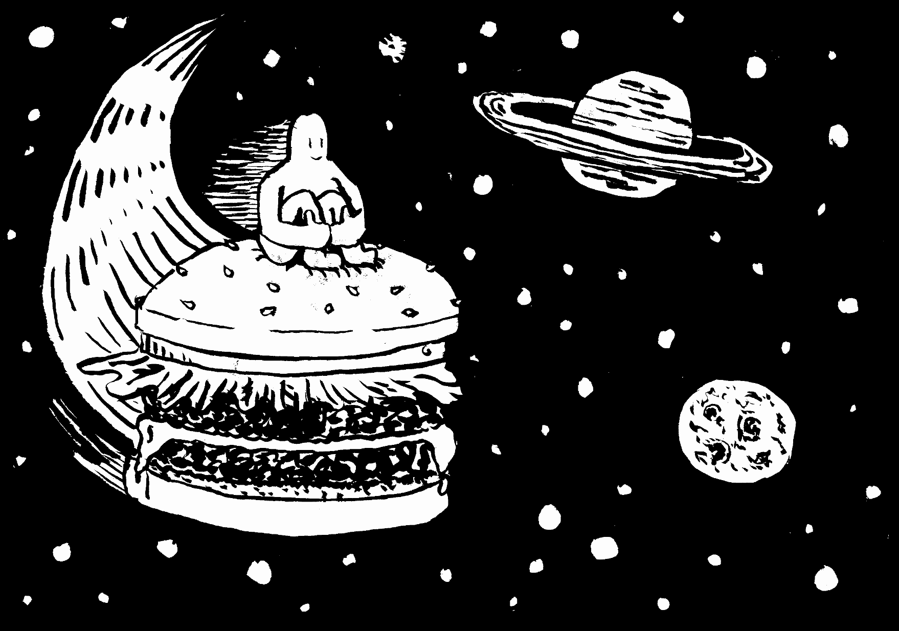 intergalactic hamburger riding spaceship cosmos planets saturn stars