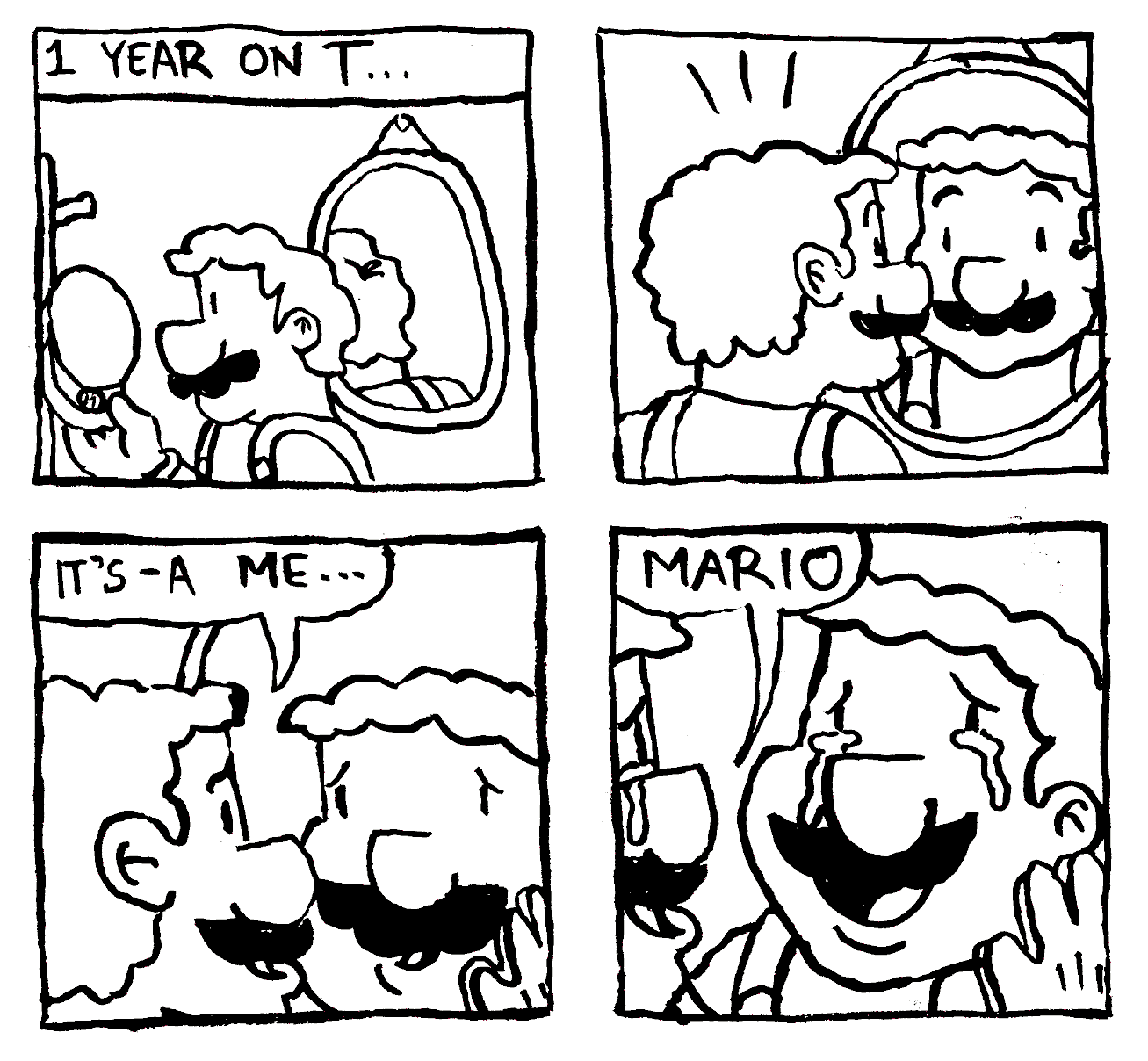 it's a me trans masc man looking in mirror and recognizing yourself tears of joy gender euphoria one 1 ear on T Testosterone