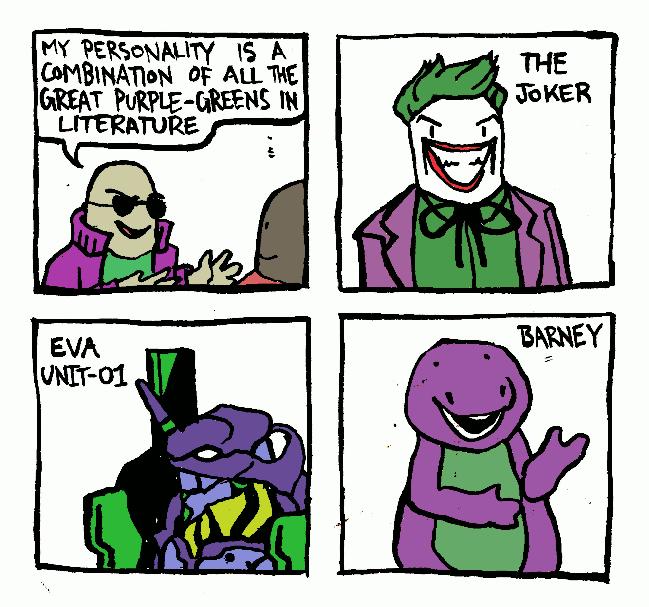 joker eva unit 01 barney the dinosaur personality is a combination of all in literature purple green thanks doc daily dose
