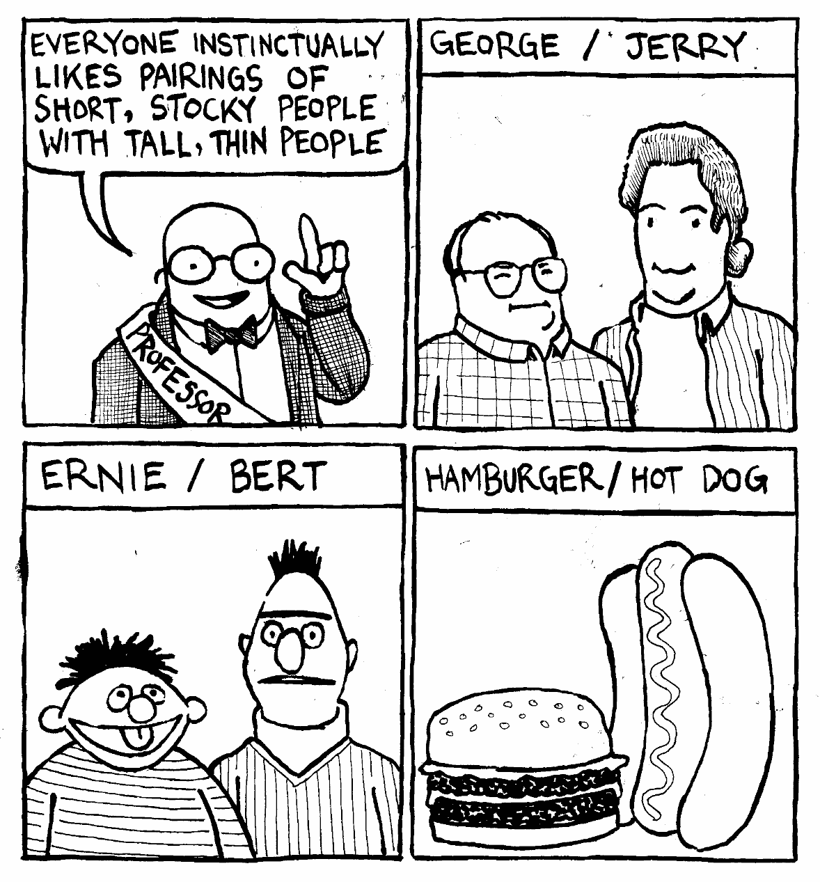 long tall short round ernie bert george costanza jerry seinfeld hamburger hot dog